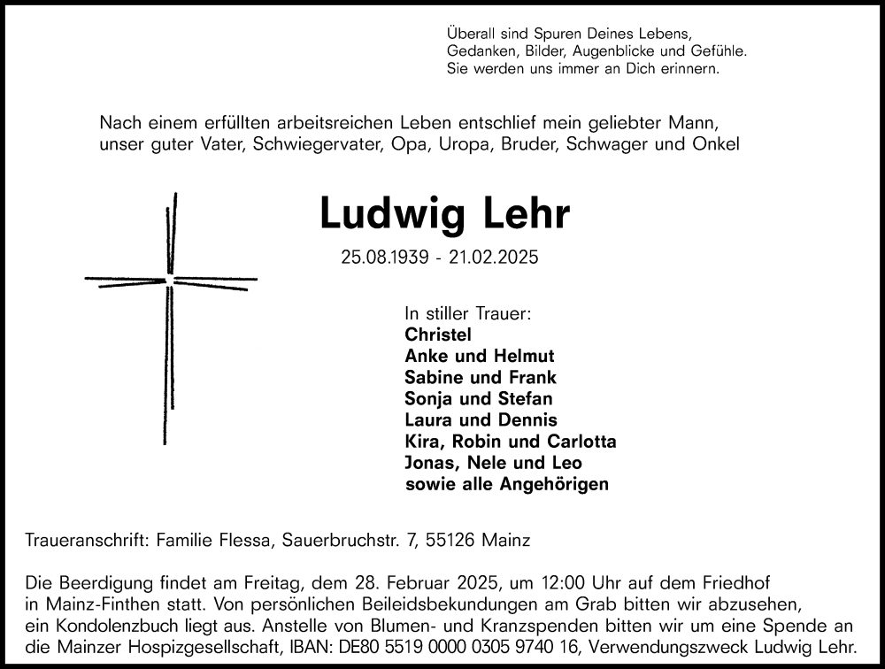 Traueranzeige für Ludwig Lehr vom 26.02.2025 aus Allgemeine Zeitung Mainz