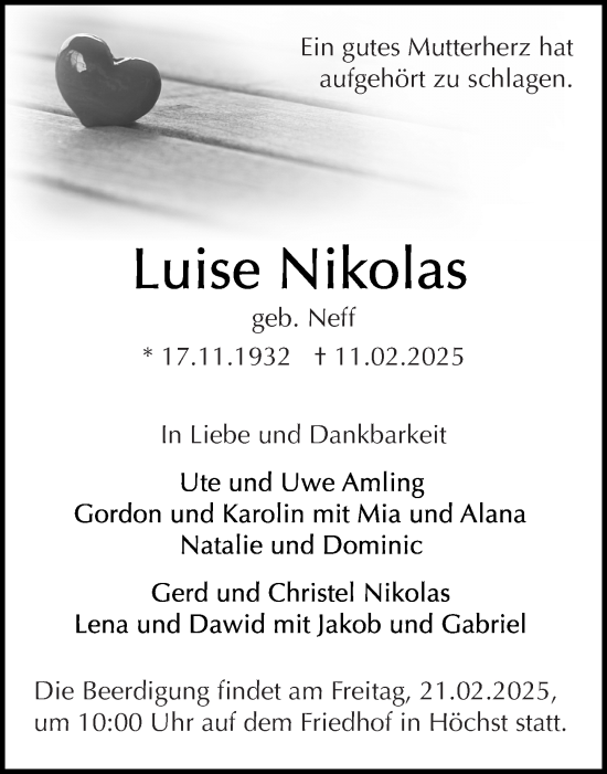 Traueranzeige von Luise Nikolas von Odenwälder Echo