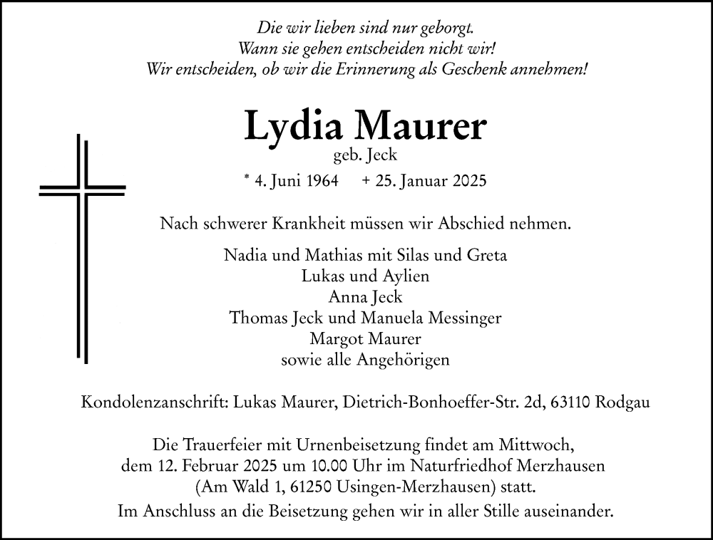  Traueranzeige für Lydia Maurer vom 06.02.2025 aus Camberger Anzeiger