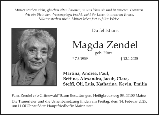 Traueranzeige von Magda Zendel von Allgemeine Zeitung Mainz