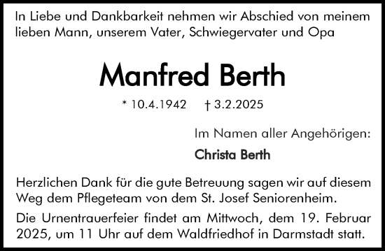 Traueranzeige von Manfred Berth von Darmstädter Echo