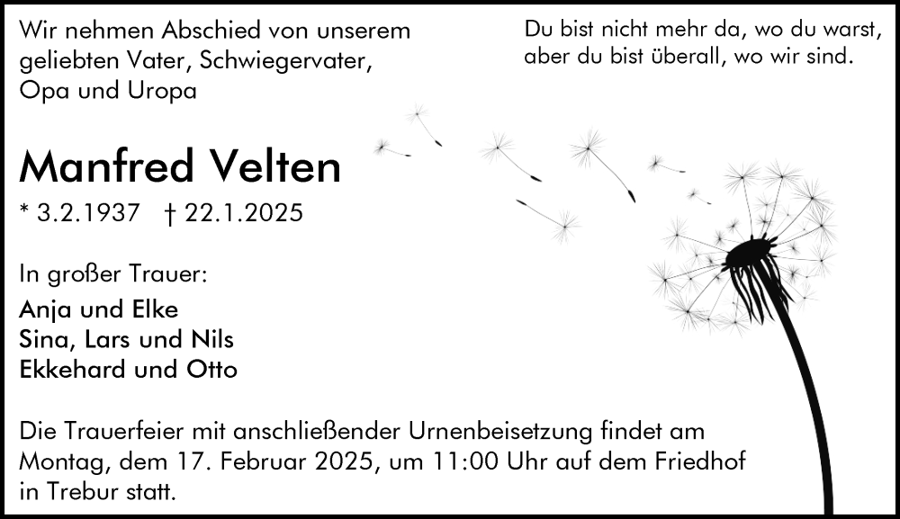  Traueranzeige für Manfred Velten vom 08.02.2025 aus Rüsselsheimer Echo