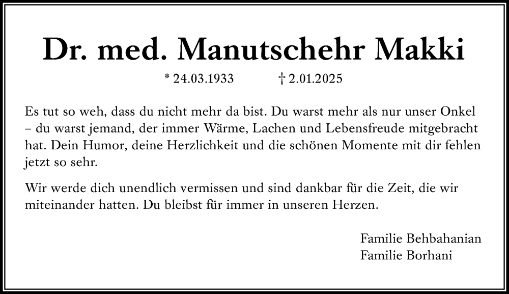  Traueranzeige für Manutschehr Makki vom 01.02.2025 aus Wiesbadener Kurier