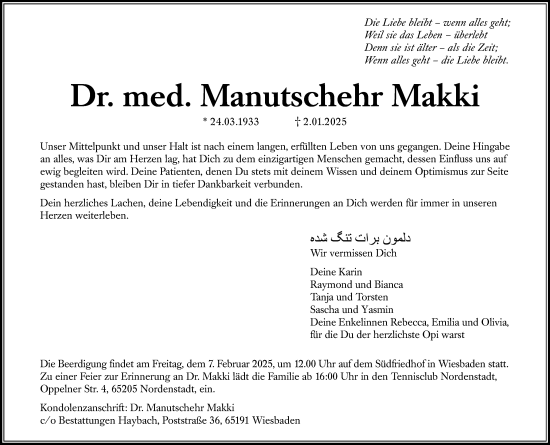 Traueranzeige von Manutschehr Makki von Wiesbadener Kurier