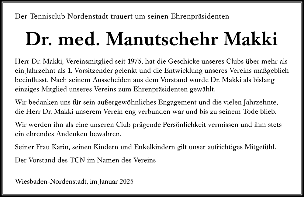  Traueranzeige für Manutschehr Makki vom 01.02.2025 aus Wiesbadener Kurier