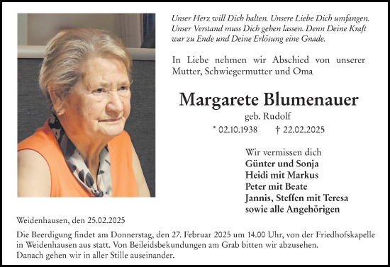 Traueranzeige von Margarete Blumenauer von Hinterländer Anzeiger