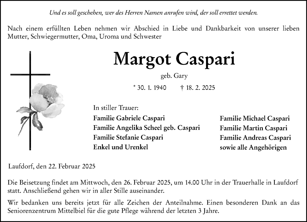  Traueranzeige für Margot Caspari vom 22.02.2025 aus Wetzlarer Neue Zeitung