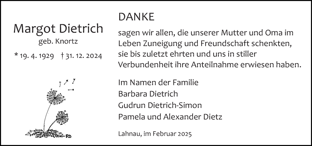  Traueranzeige für Margot Dietrich vom 01.02.2025 aus Wetzlarer Neue Zeitung
