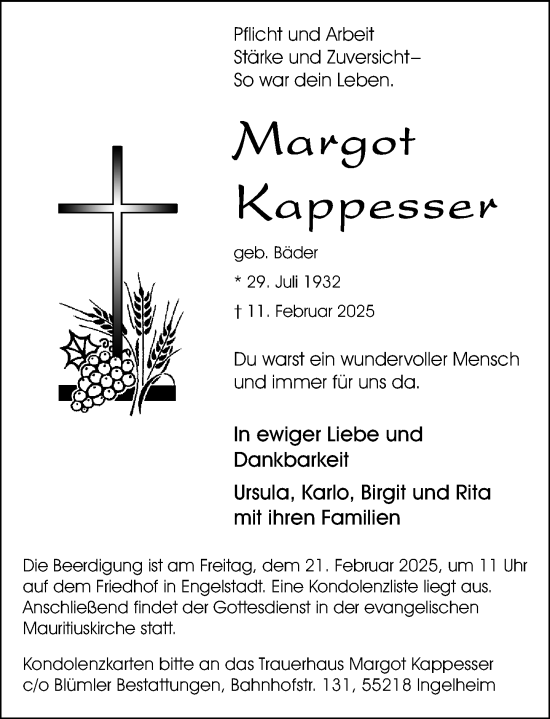 Traueranzeige von Margot Kappesser von Allgemeine Zeitung Rheinhessen-Nahe