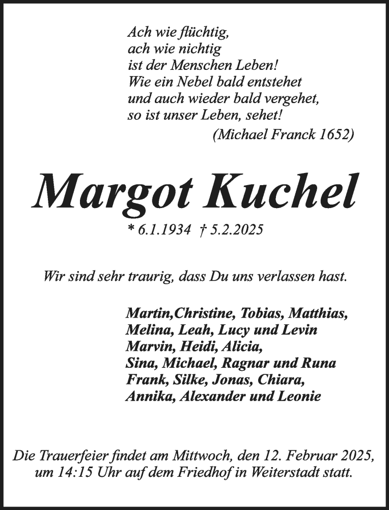  Traueranzeige für Margot Kuchel vom 08.02.2025 aus Darmstädter Echo