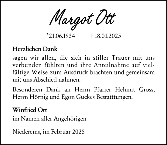Traueranzeige von Margot Ott von Camberger Anzeiger