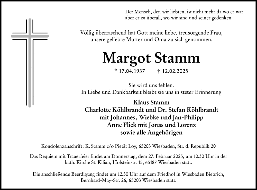  Traueranzeige für Margot Stamm vom 22.02.2025 aus Wiesbadener Kurier