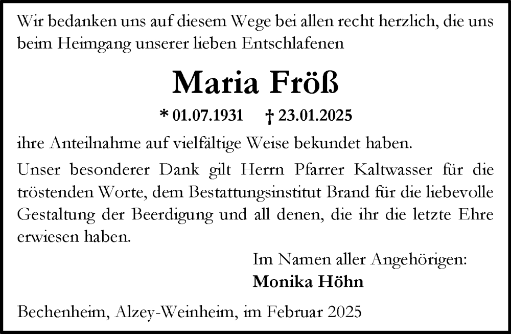  Traueranzeige für Maria Fröß vom 22.02.2025 aus Allgemeine Zeitung Alzey