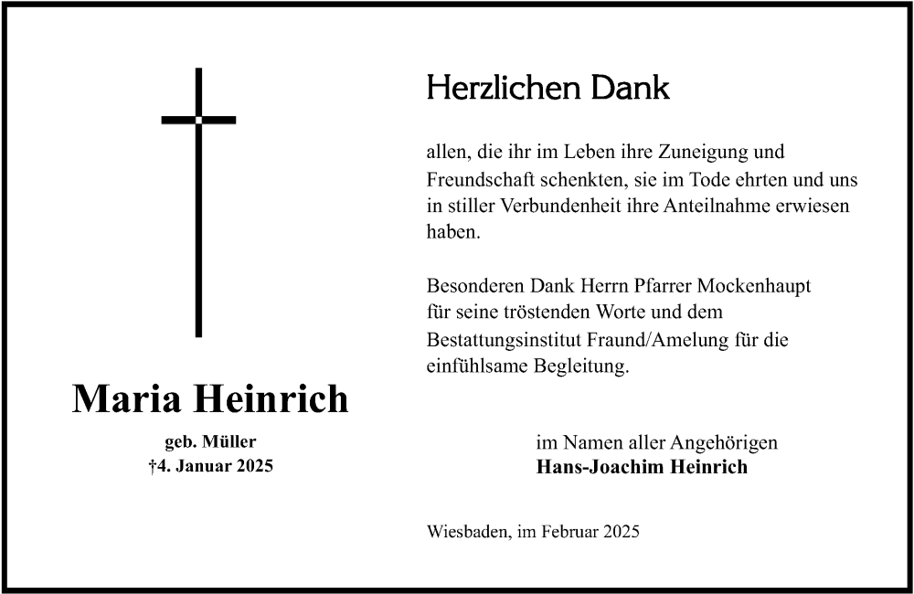  Traueranzeige für Maria Heinrich vom 08.02.2025 aus Wiesbadener Kurier