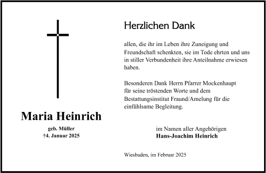 Traueranzeige von Maria Heinrich von Wiesbadener Kurier