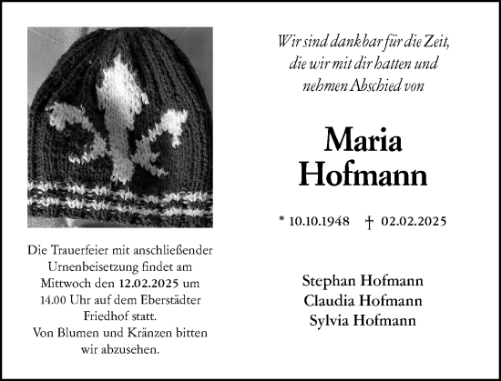 Traueranzeige von Maria Hofmann von Darmstädter Echo