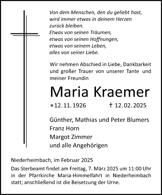 Traueranzeige von Maria Kraemer von Allgemeine Zeitung Rheinhessen-Nahe