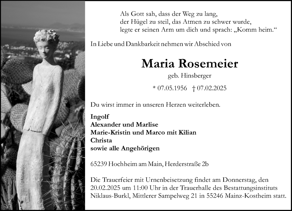  Traueranzeige für Maria Rosemeier vom 15.02.2025 aus Allgemeine Zeitung Mainz