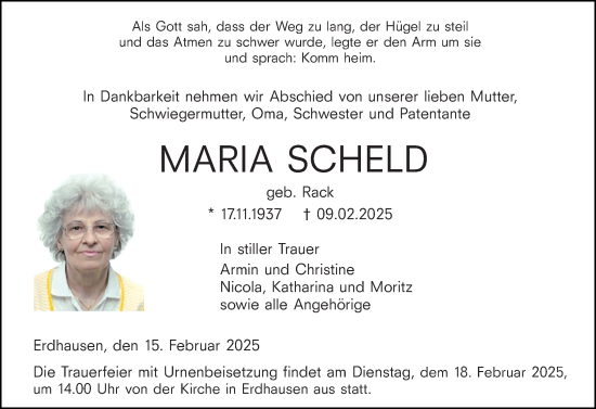 Traueranzeige von Maria Scheld von Hinterländer Anzeiger