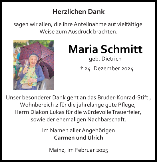 Traueranzeige von Maria Schmitt von Allgemeine Zeitung Mainz