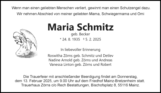 Traueranzeige von Maria Schmitz von Allgemeine Zeitung Mainz