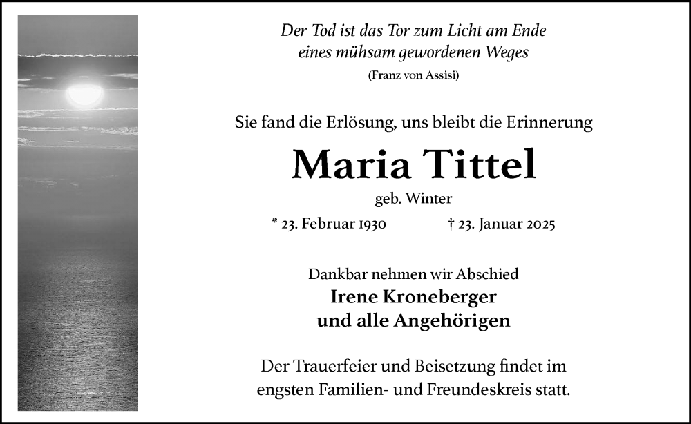  Traueranzeige für Maria Tittel vom 01.02.2025 aus Wiesbadener Kurier