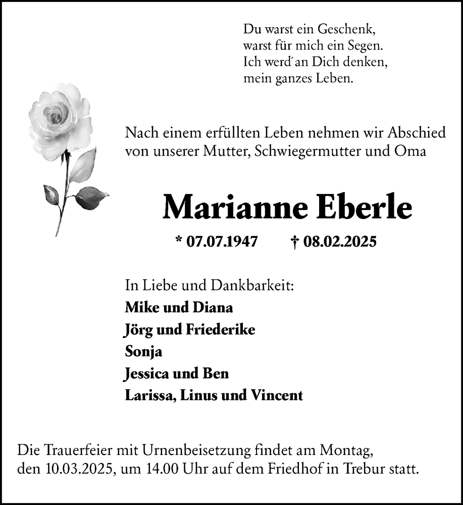  Traueranzeige für Marianne Eberle vom 28.02.2025 aus Groß-Gerauer Echo