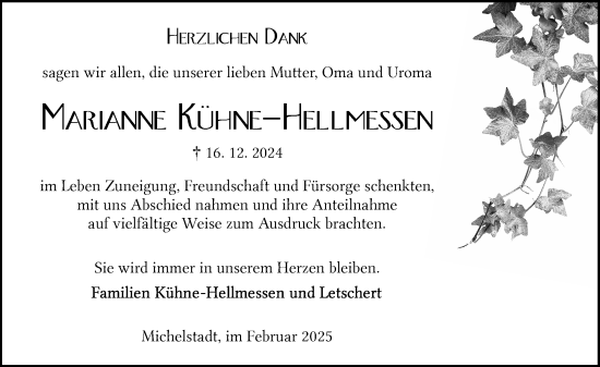 Traueranzeige von Marianne Kühne-Hellmessen von Odenwälder Echo