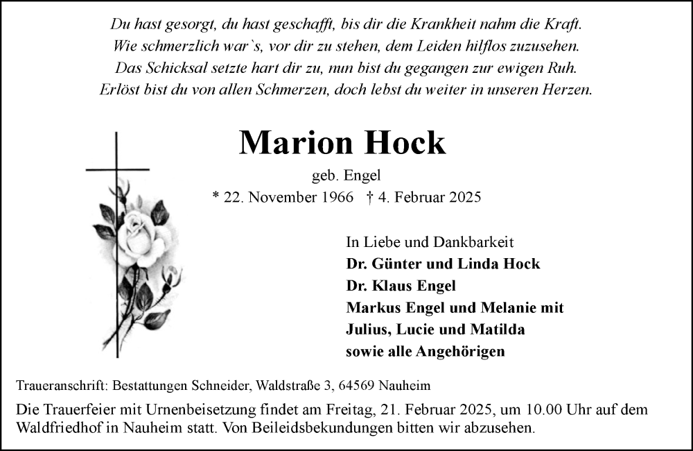  Traueranzeige für Marion Hock vom 08.02.2025 aus Rüsselsheimer Echo