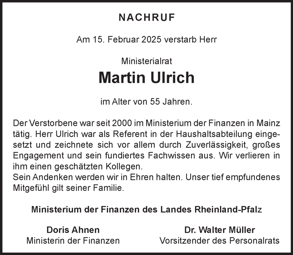  Traueranzeige für Martin Ulrich vom 22.02.2025 aus Allgemeine Zeitung Mainz