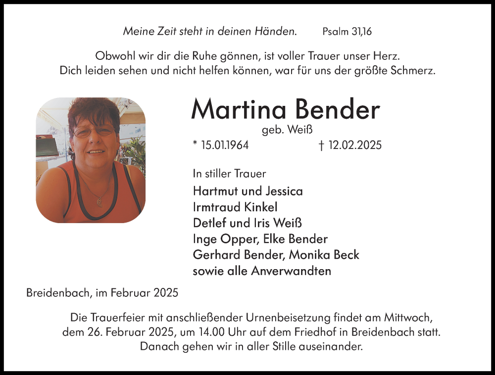  Traueranzeige für Martina Bender vom 22.02.2025 aus Hinterländer Anzeiger