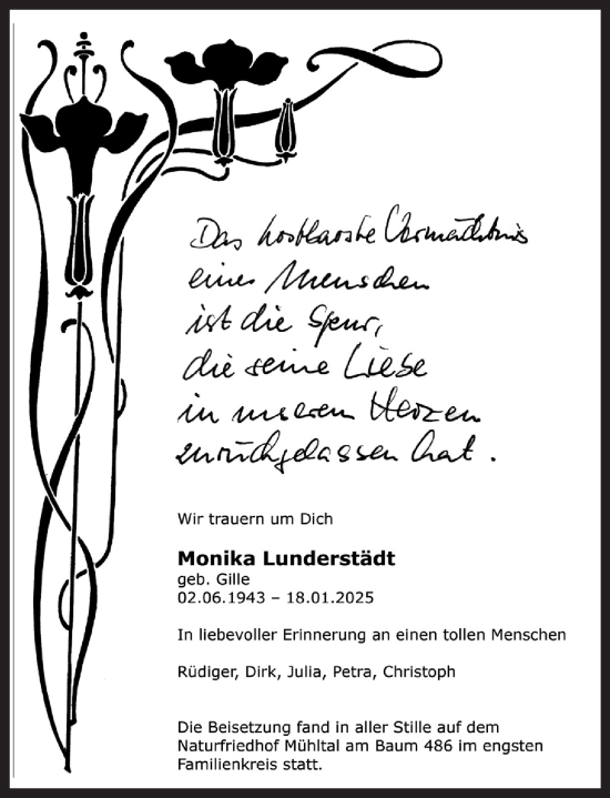 Traueranzeige von Monika Lunderstädt von Darmstädter Echo