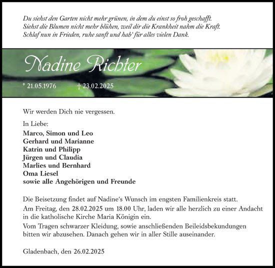 Traueranzeige von Nadine Richter von Hinterländer Anzeiger
