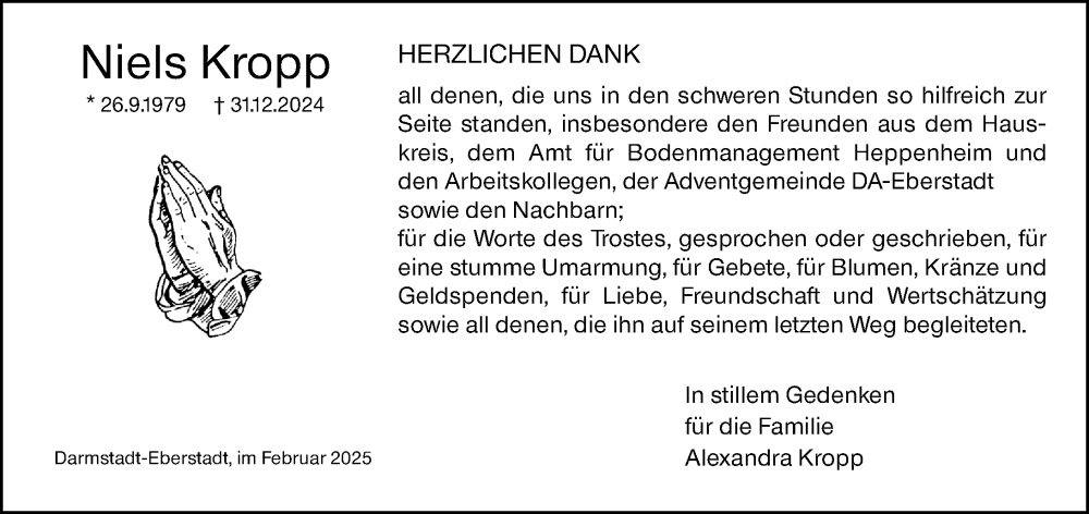  Traueranzeige für Niels Kropp vom 08.02.2025 aus Darmstädter Echo