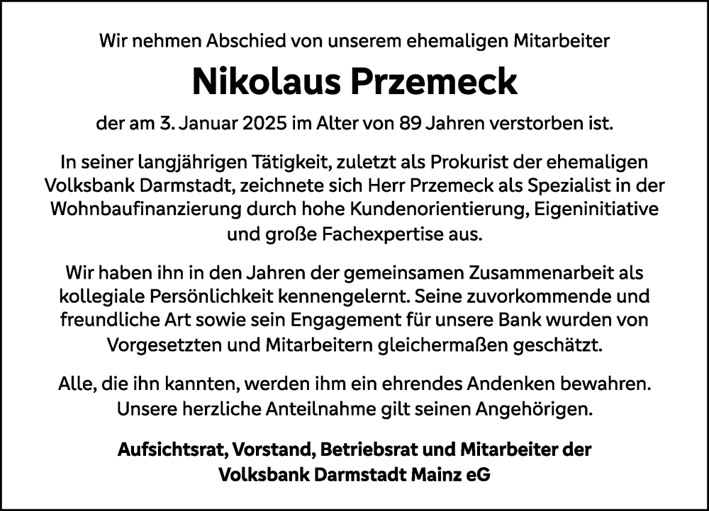  Traueranzeige für Nikolaus Przemeck vom 08.02.2025 aus Darmstädter Echo