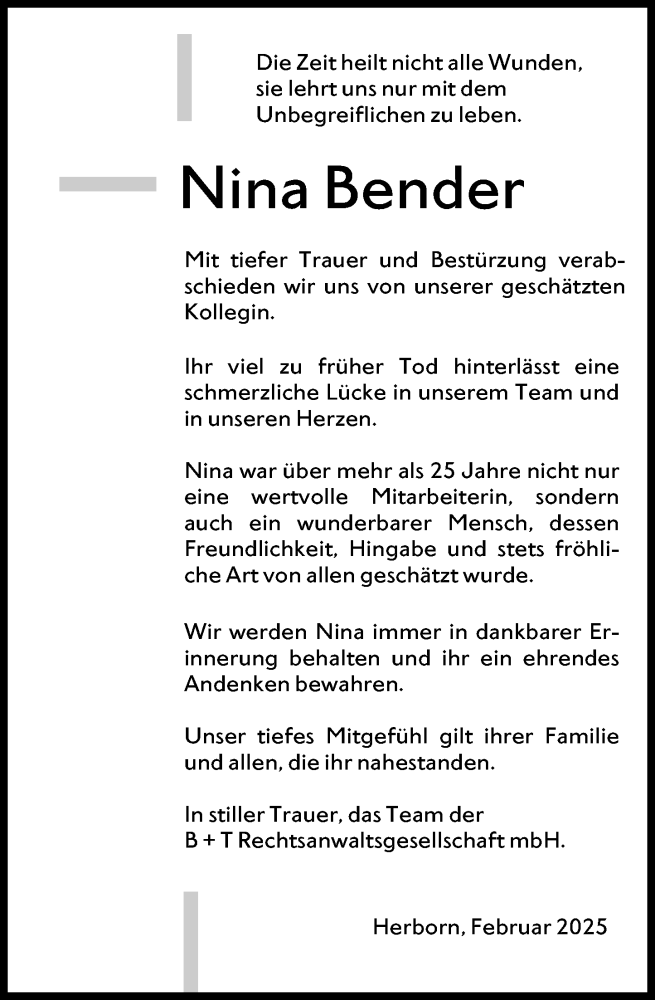  Traueranzeige für Nina Bender vom 26.02.2025 aus Dill Block