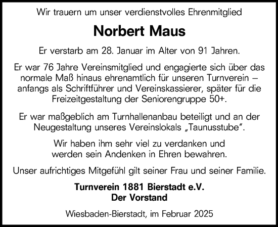 Traueranzeige von Norbert Maus von Wiesbadener Kurier