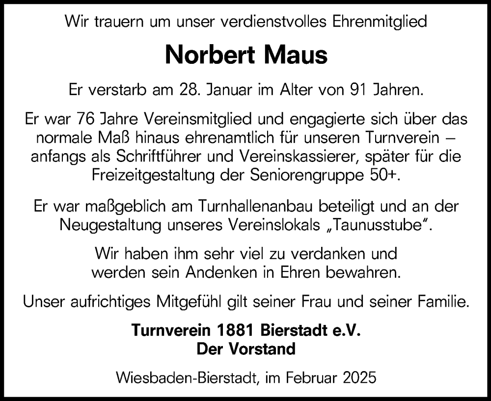  Traueranzeige für Norbert Maus vom 15.02.2025 aus Wiesbadener Kurier