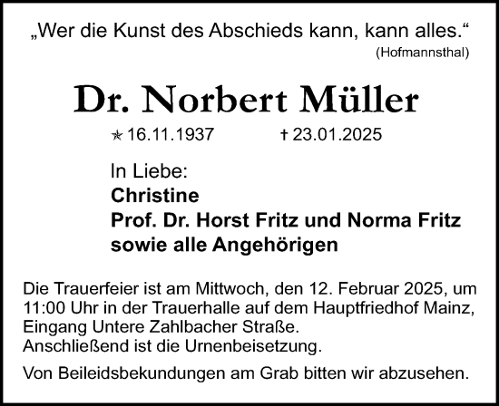 Traueranzeige von Norbert Müller von Allgemeine Zeitung Mainz