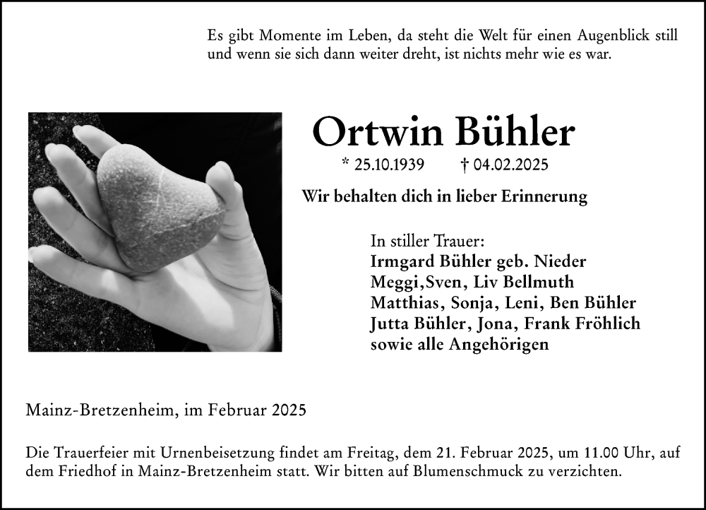  Traueranzeige für Ortwin Bühler vom 15.02.2025 aus Allgemeine Zeitung Mainz