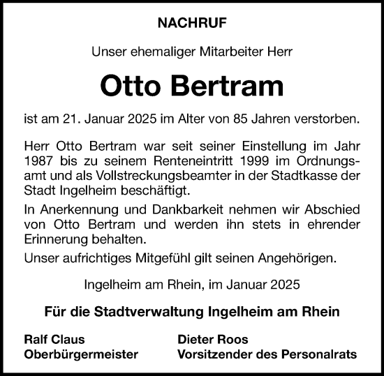 Traueranzeige von Otto Bertram von Allgemeine Zeitung Rheinhessen-Nahe