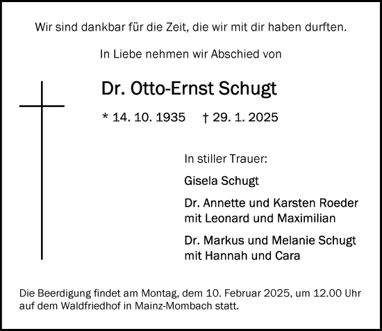 Traueranzeige von Otto-Ernst Schugt von Allgemeine Zeitung Mainz