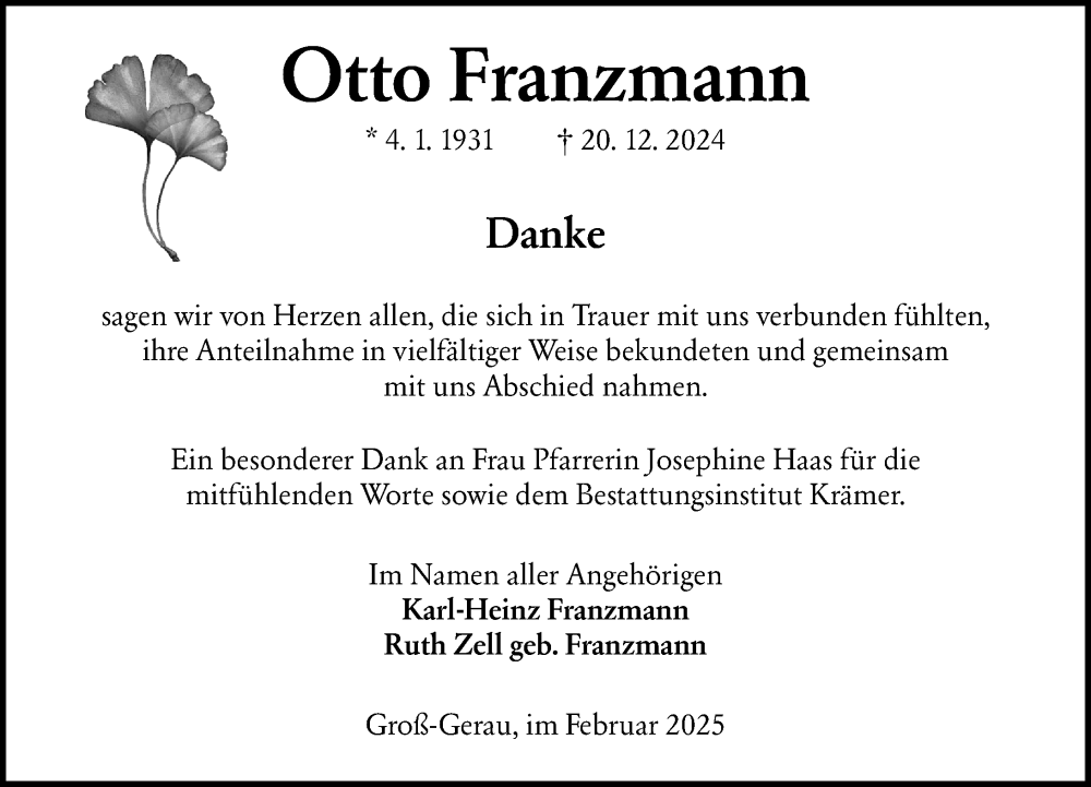  Traueranzeige für Otto Franzmann vom 01.02.2025 aus Groß-Gerauer Echo