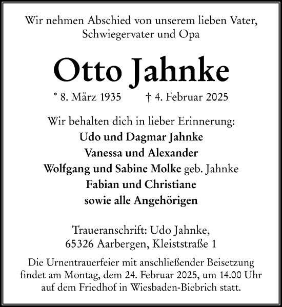 Traueranzeige von Otto Jahnke von Wiesbadener Kurier