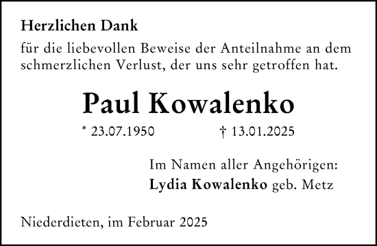 Traueranzeige von Paul Kowalenko von Hinterländer Anzeiger