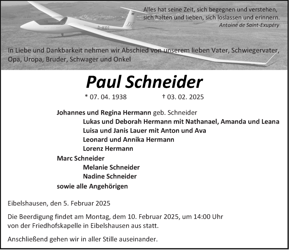 Traueranzeige für Paul Schneider vom 05.02.2025 aus Dill Block