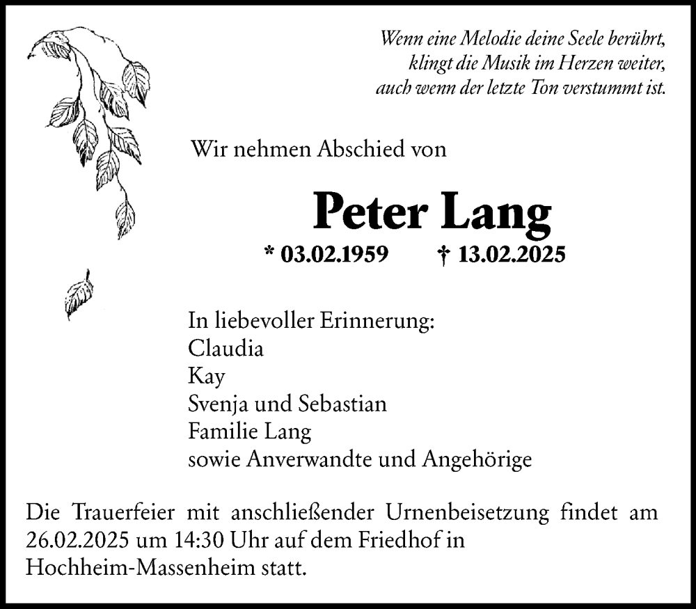  Traueranzeige für Peter Lang vom 22.02.2025 aus Wiesbadener Kurier