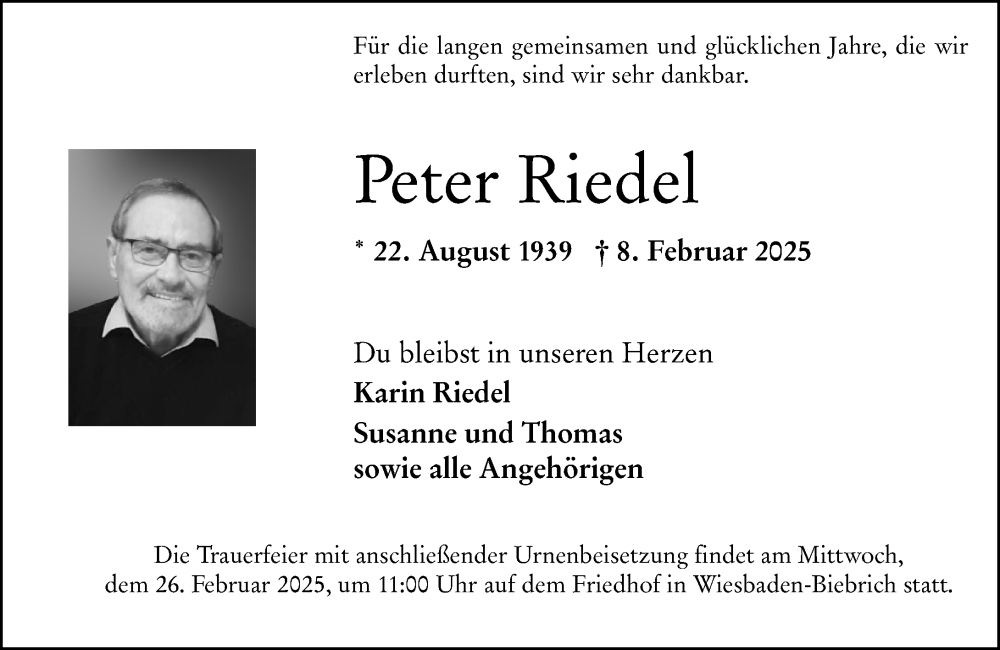 Traueranzeige für Peter Riedel vom 15.02.2025 aus Wiesbadener Kurier