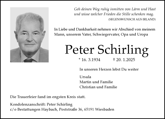 Traueranzeige von Peter Schirling von Wiesbadener Kurier