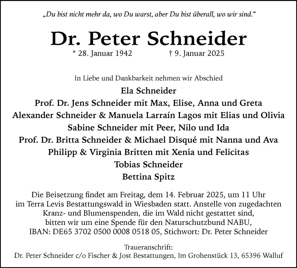  Traueranzeige für Peter Schneider vom 01.02.2025 aus Wiesbadener Kurier